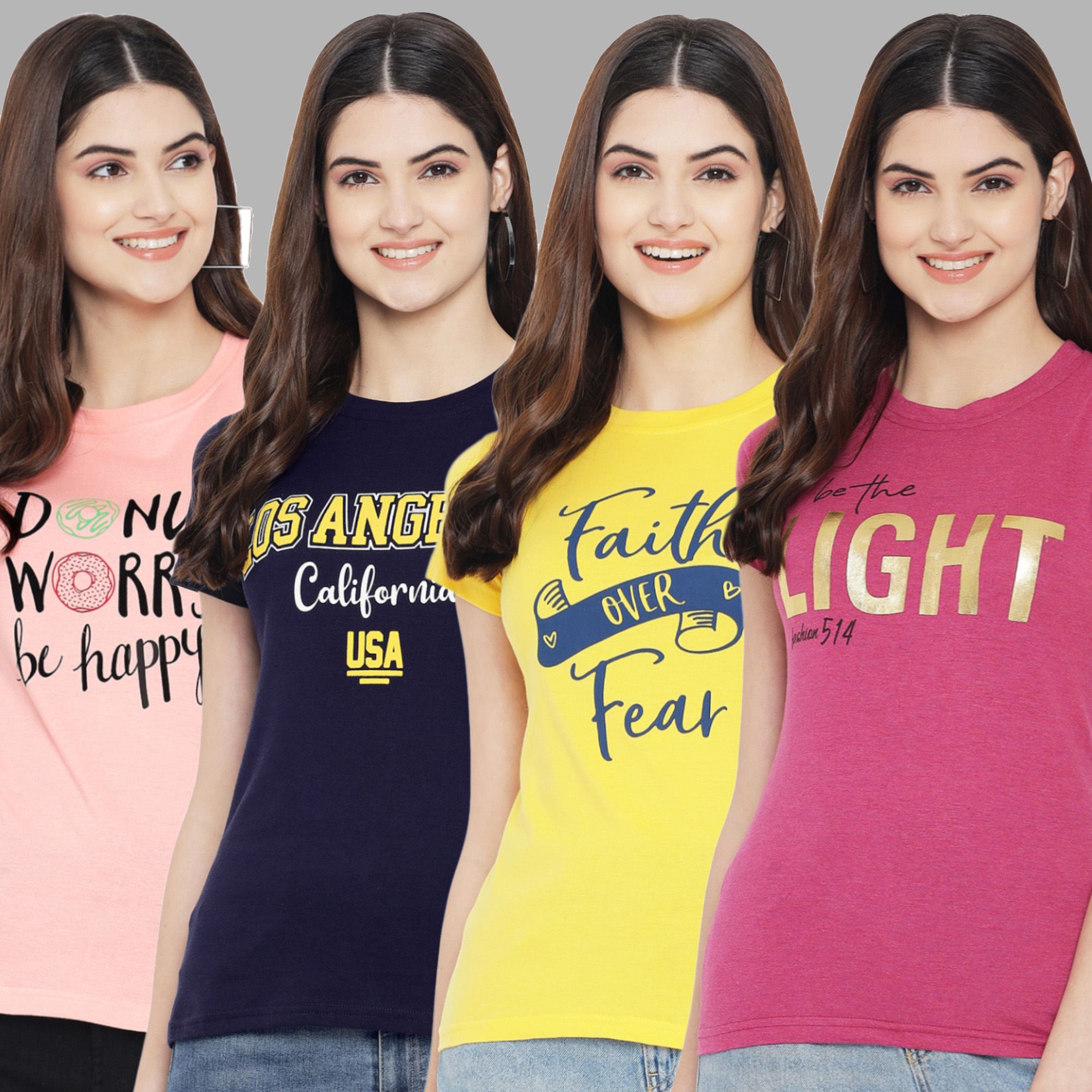     			Fabflee - Multi Color Cotton Blend Regular Fit Women's T-Shirt ( Pack of 4 )