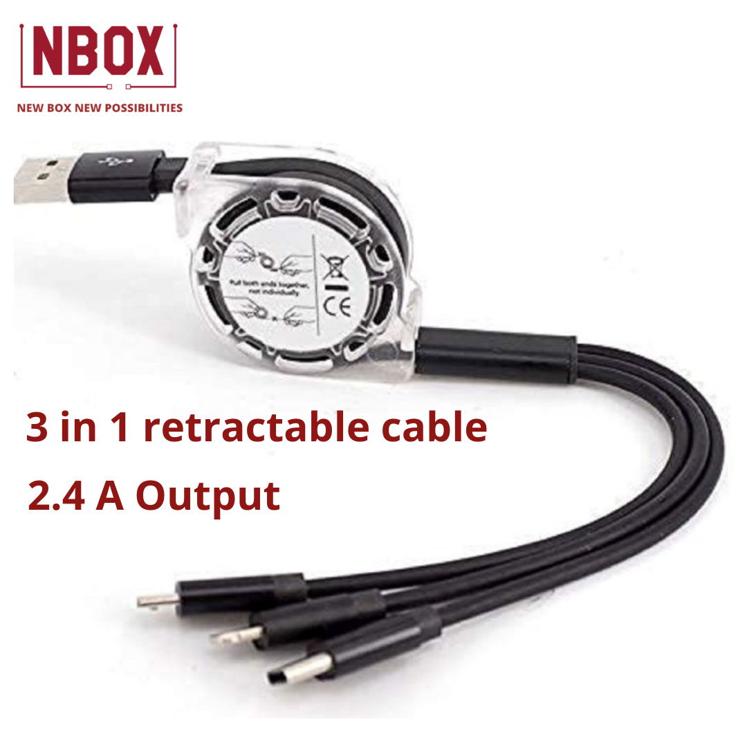 NBOX 2.4A retractable 3 in 1 multipin charging cable, 1 meter Black