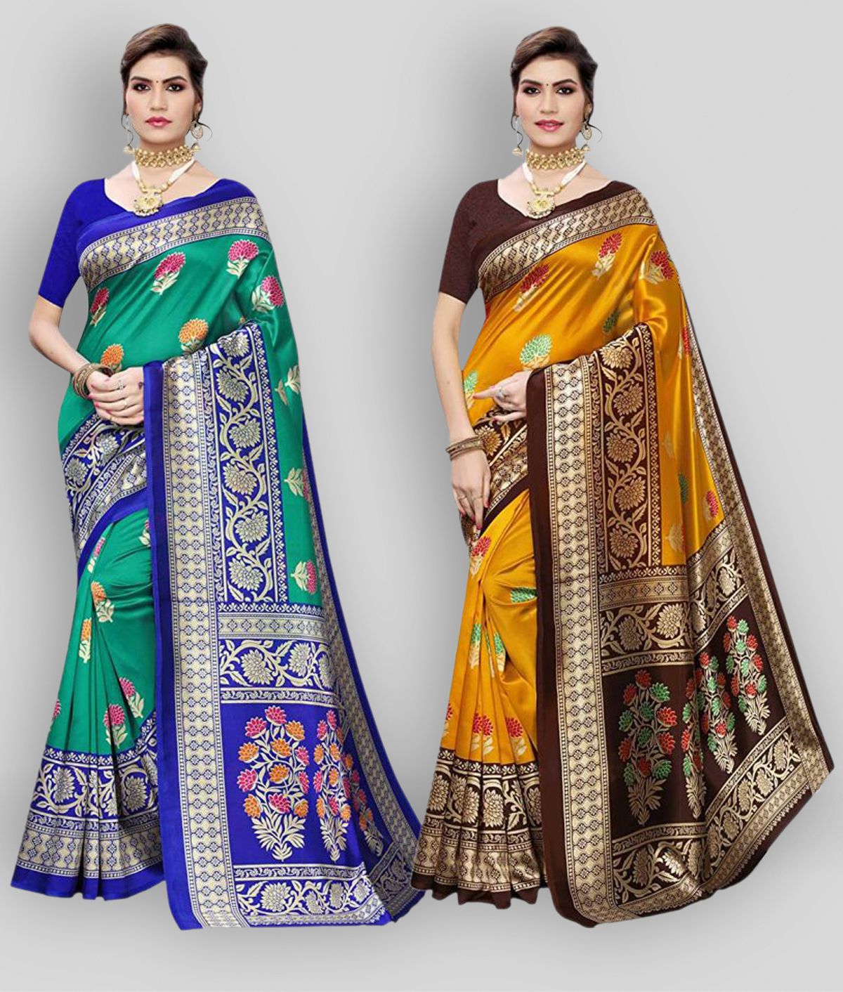     			Grubstaker - Multicolor Silk Blend Saree With Blouse Piece ( Pack of 2 )