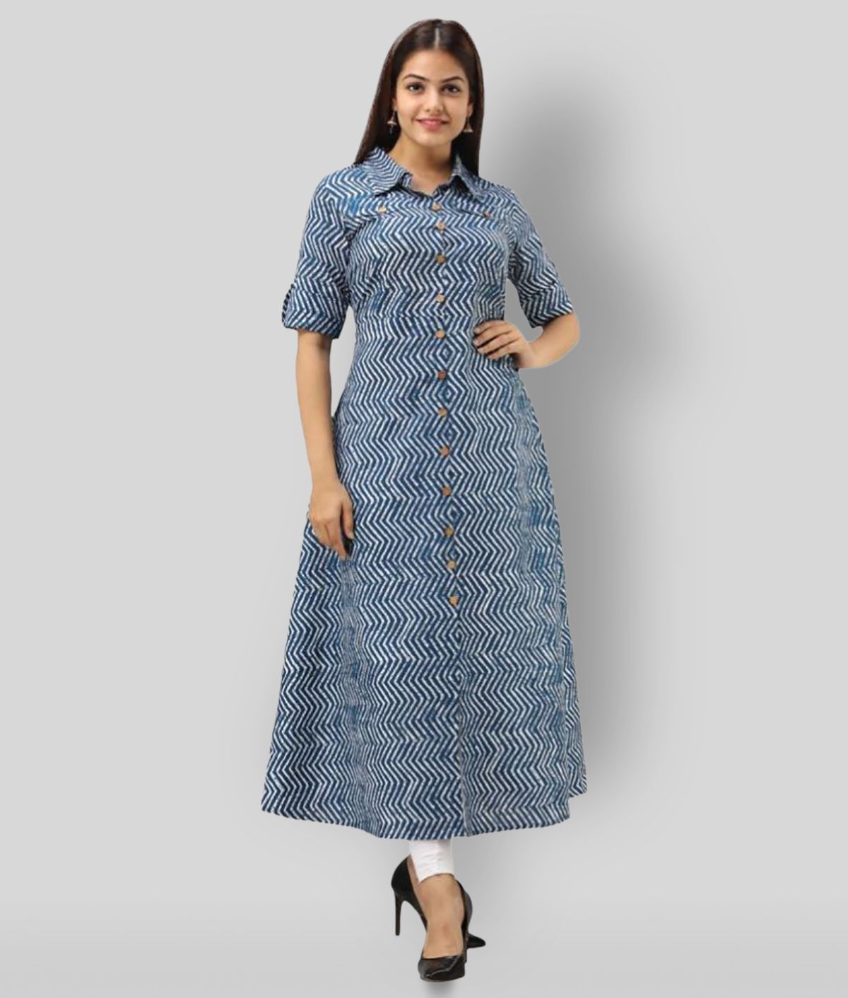     			SVARCHI - Blue Cotton Blend Women's Shirt Style Kurti ( Pack of 1 )