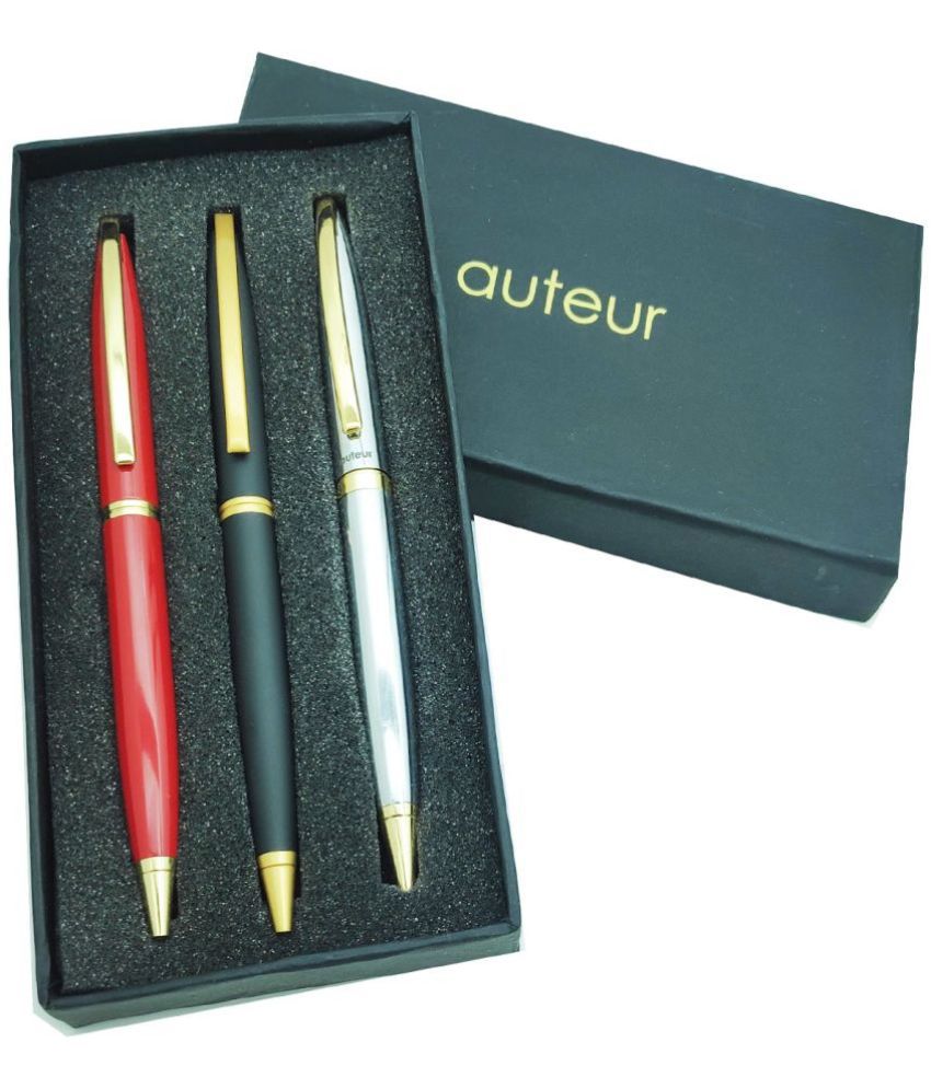     			auteur 156 Red ,Black & Chrome Color Ball Pen With 18 KGP Golden Clip Stylish , Combo Pack Of 3 Ball Pen .