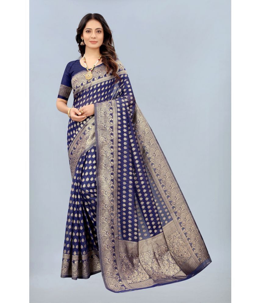 NENCY FASHION - Blue Cotton Saree With Blouse Piece ( Pack of 1 )