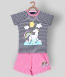 Lazy Shark Pack of 1 Girls Cotton Blend T-shirt With Shorts ( Navy Blue )