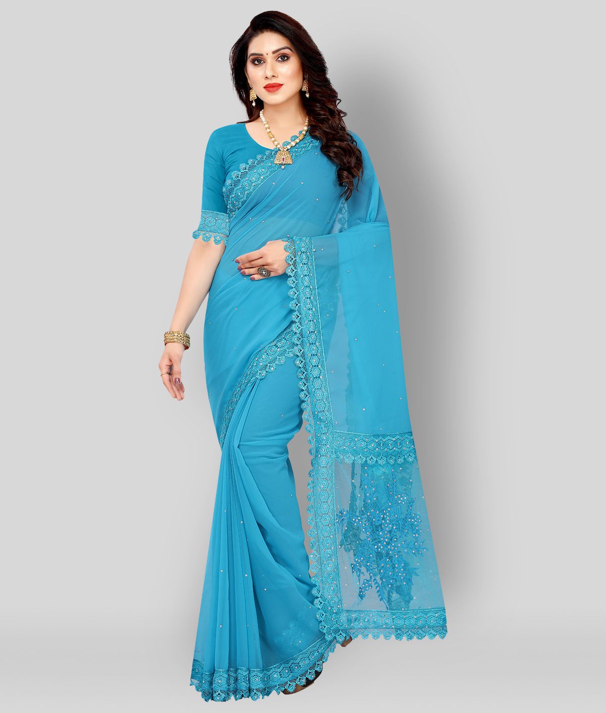     			Aika - Blue Georgette Saree With Blouse Piece (Pack of 1)