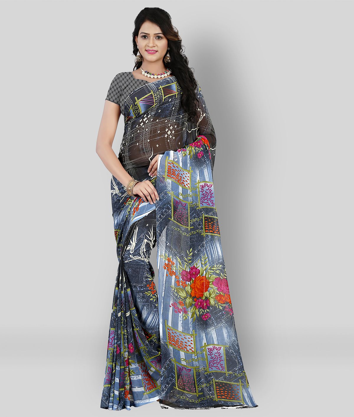     			Anand - Grey Georgette Saree With Blouse Piece ( Pack of 1 )