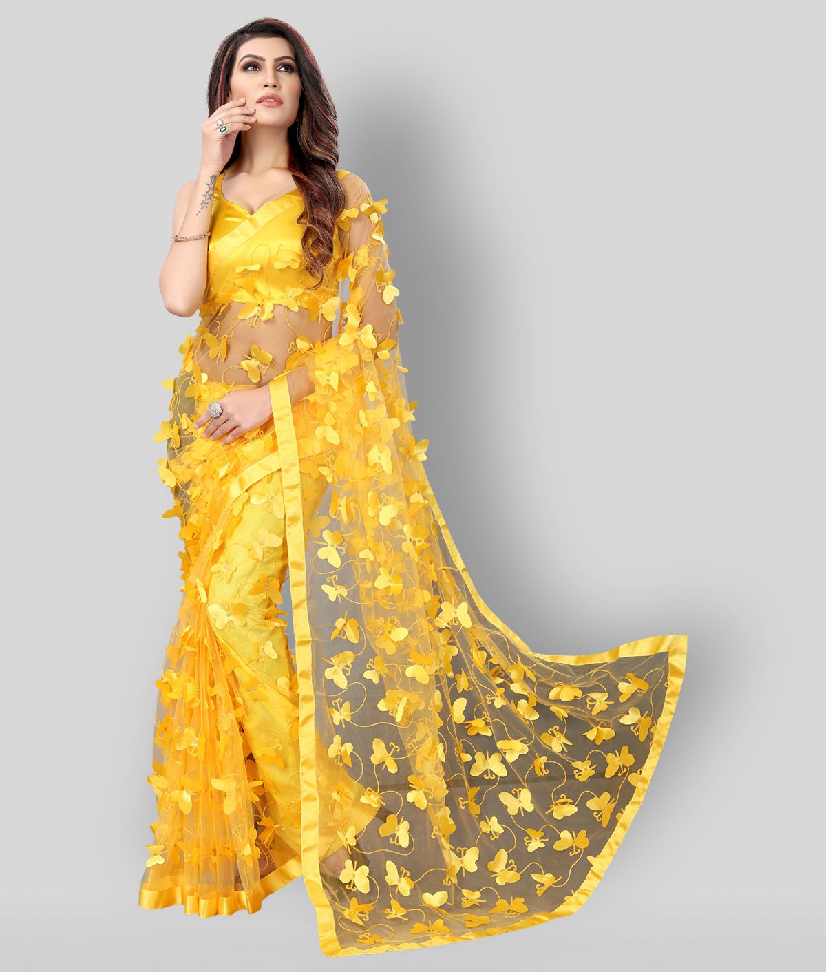     			Apnisha - Yellow Net Saree With Blouse Piece (Pack of 1)