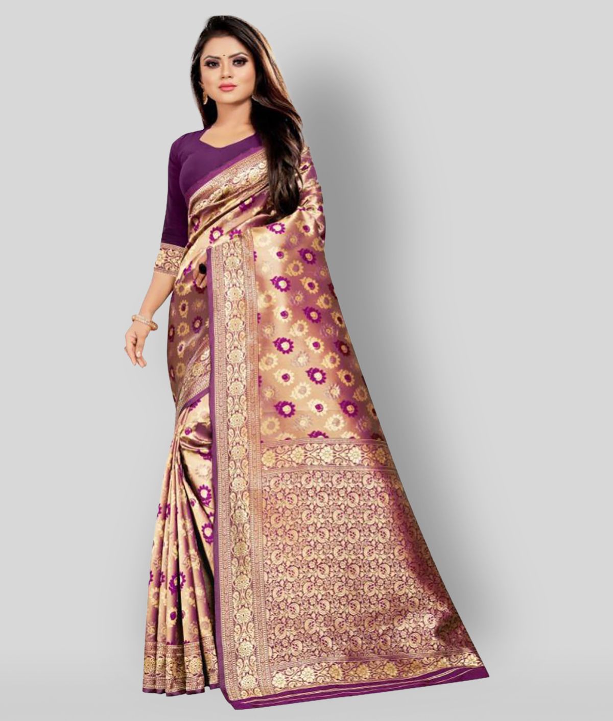     			Gazal Fashions - Gold Banarasi Silk Saree With Blouse Piece (Pack of 1)