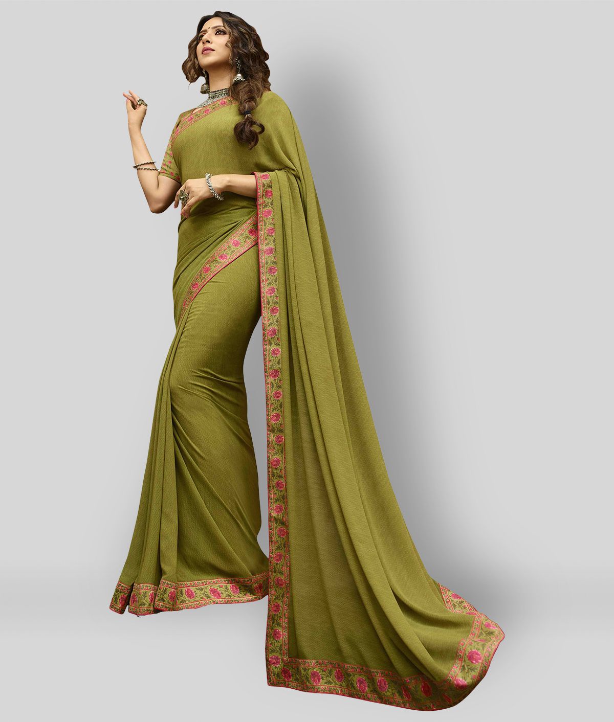     			Gazal Fashions - Green Chiffon Saree With Blouse Piece (Pack of 1)