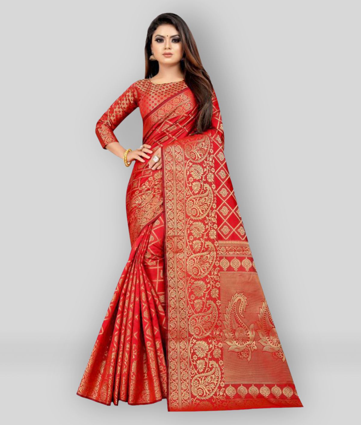 Gazal Fashions - Red Banarasi Silk Saree With Blouse Piece (Pack of 1)
