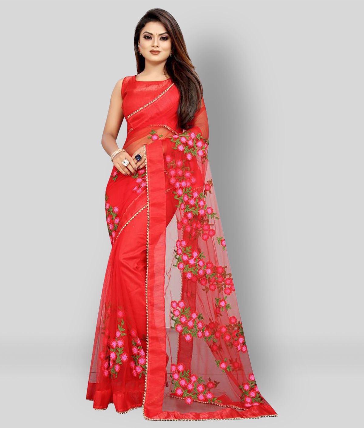 Gazal Fashions - Red Net Saree With Blouse Piece (Pack of 1)