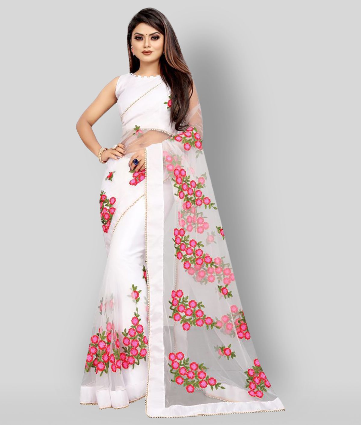     			Gazal Fashions - White Net Saree With Blouse Piece (Pack of 1)
