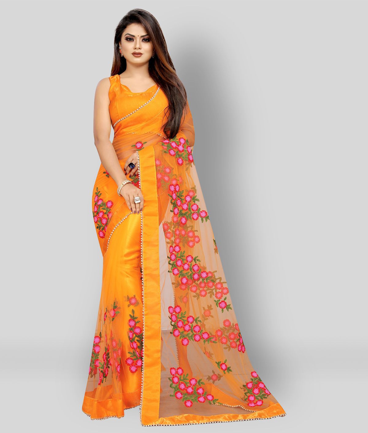     			Gazal Fashions - Yellow Net Saree With Blouse Piece (Pack of 1)