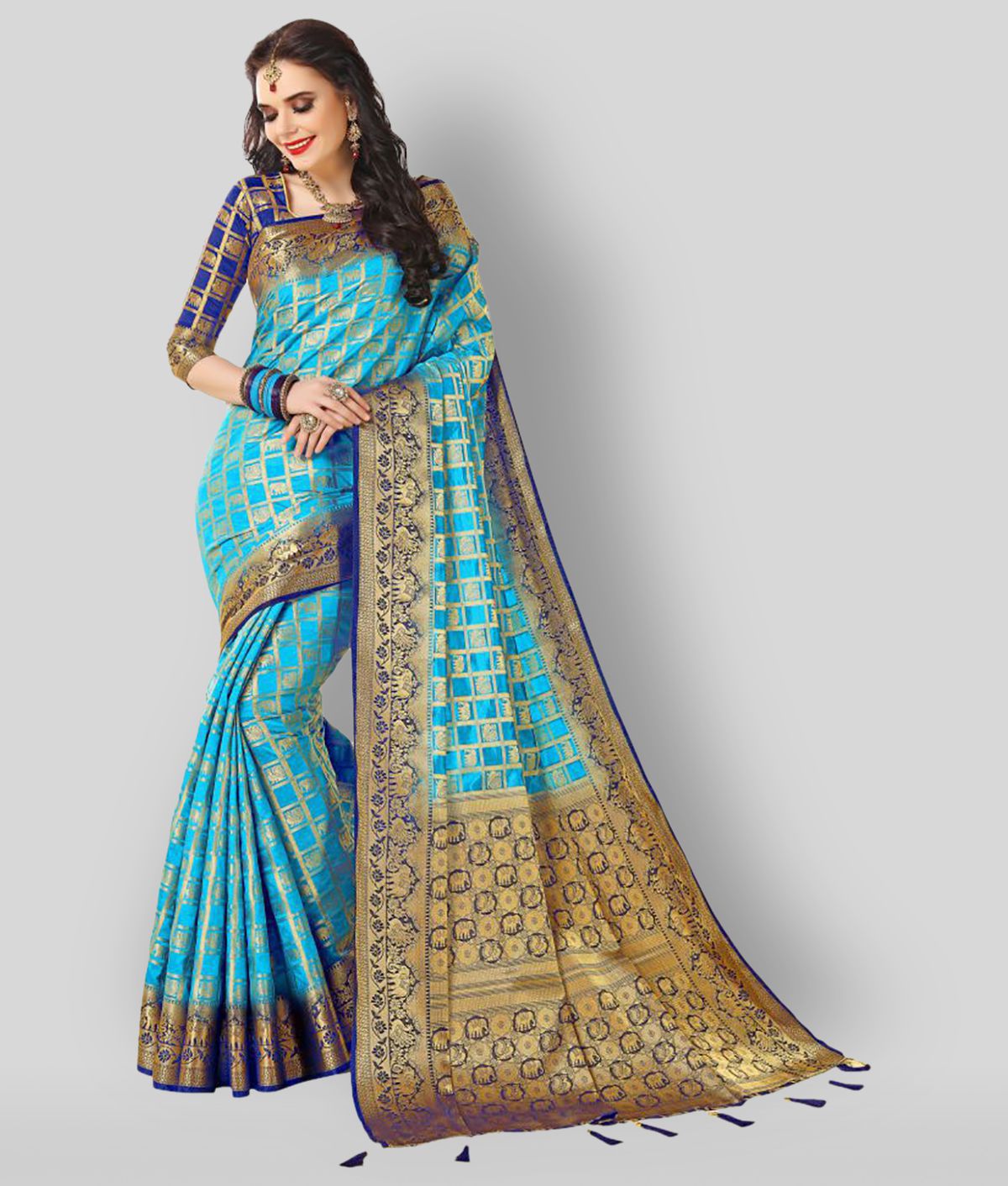     			KanjiQueen - Blue Kanchipuram Saree With Blouse Piece (Pack of 1)