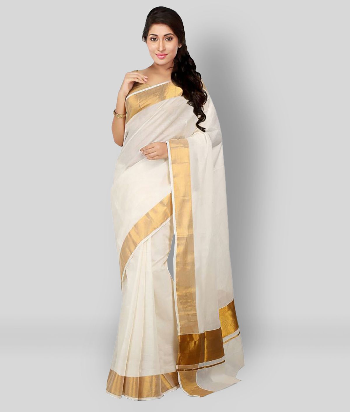    			Selvamani Tex - White Cotton Blend Saree With Blouse Piece ( Pack of 1 )