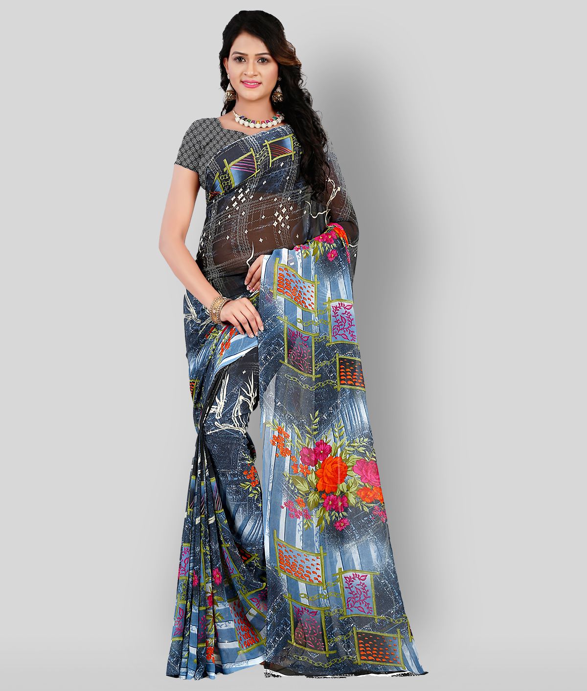 Anand Sarees - Light Grey Georgette Saree With Blouse Piece (Pack of 1)
