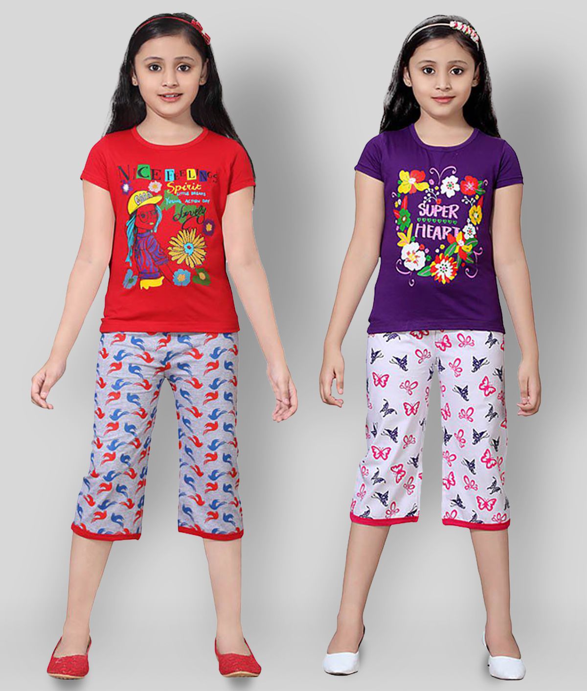     			Sini Mini - Multicolor Cotton Girl's T-Shirt With Capris ( Pack of 2 )