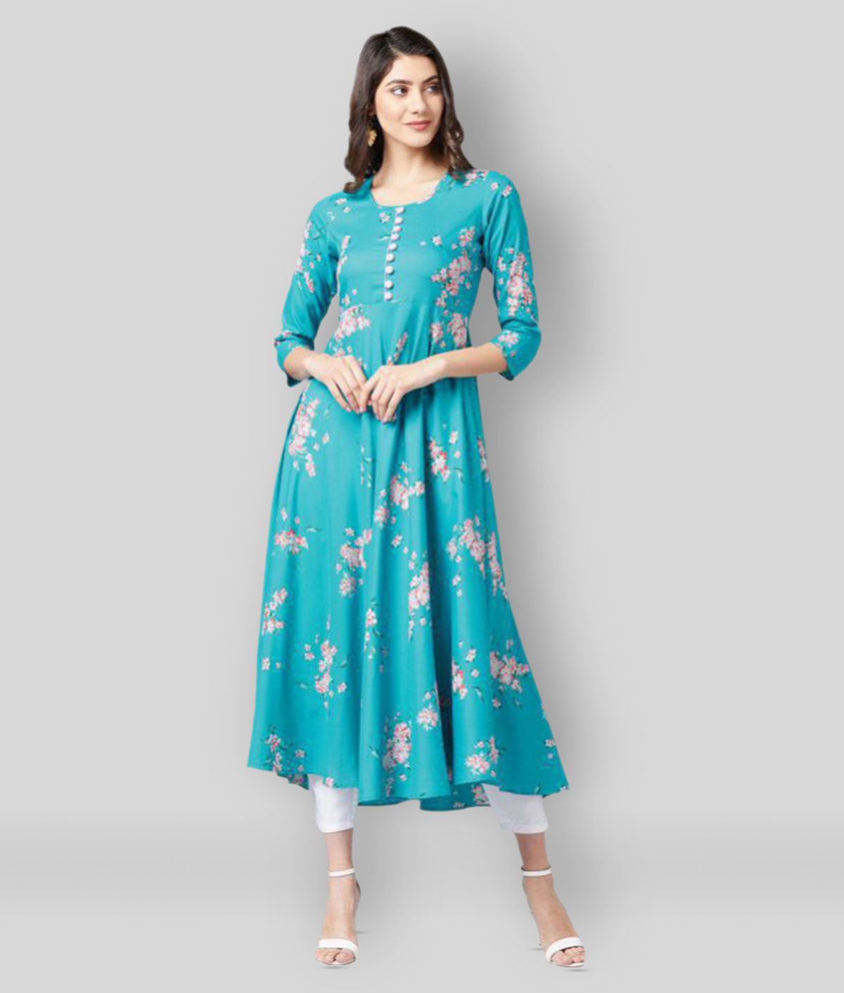     			Tissu - Turquoise Rayon Women's Asymmetrical Kurti ( Pack of 1 )