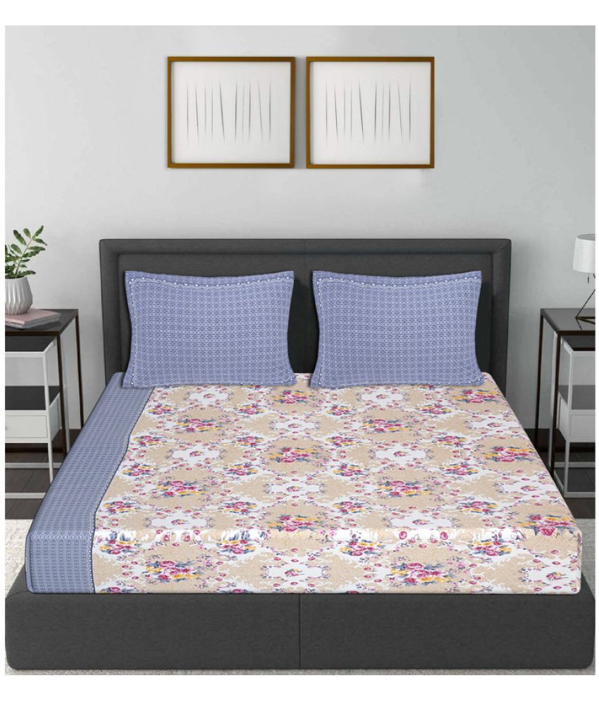     			Frionkandy Cotton Floral Printed Double Bedsheet with 2 Pillow Covers - Grey