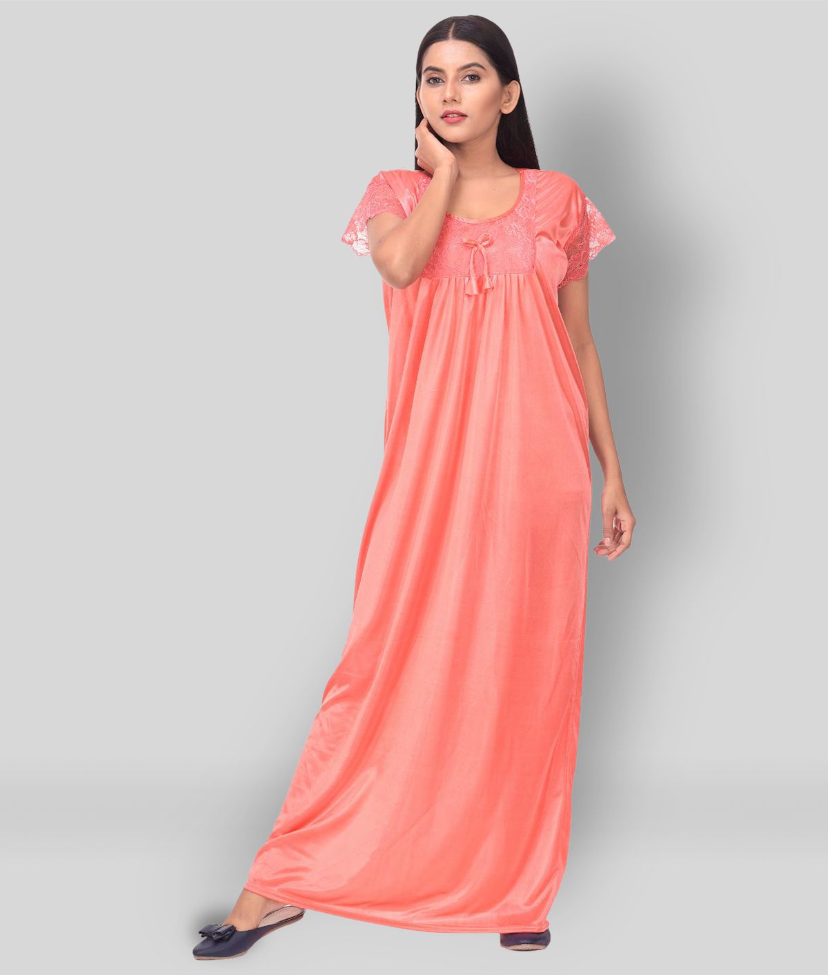Apratim - Peach Satin Women's Nightwear Nighty & Night Gowns