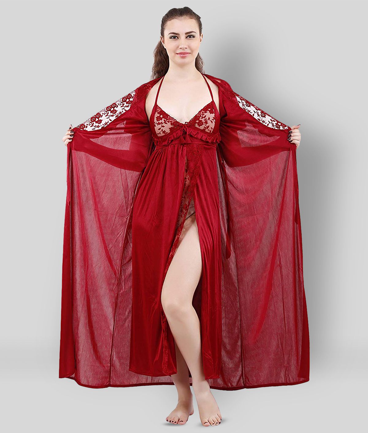 Apratim - Red Satin Women's Nightwear Nighty & Night Gowns