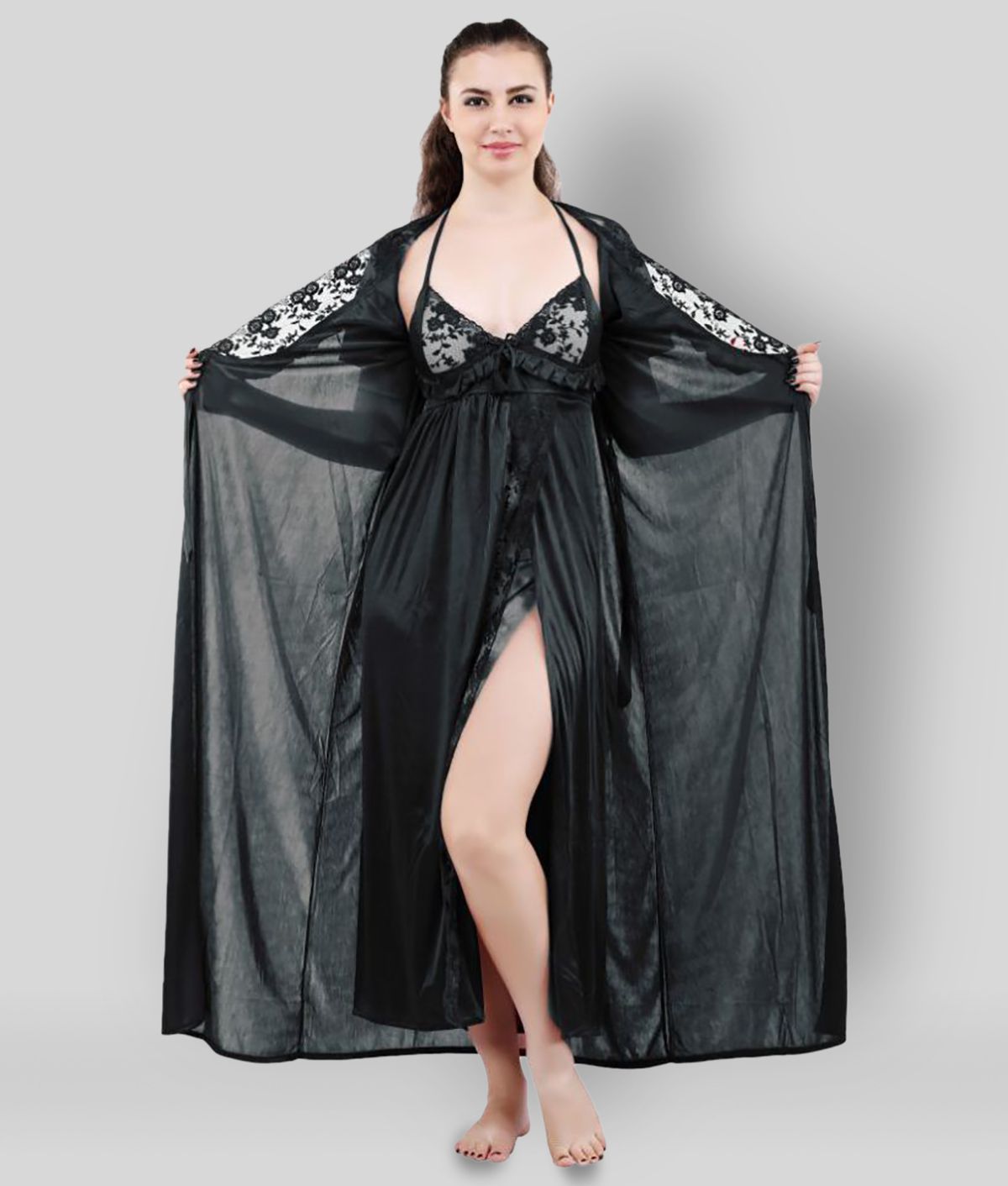     			Romaisa - Black Satin Women's Nightwear Nighty & Night Gowns ( Pack of 1 )