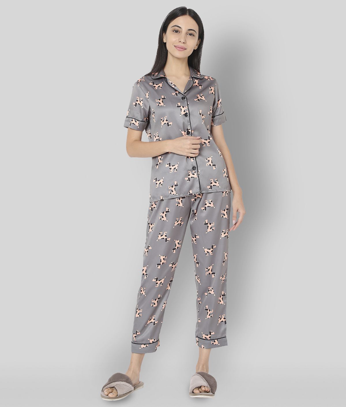     			Smarty Pants - Light Grey Satin Women's Nightwear Nightsuit Sets ( Pack of 1 )