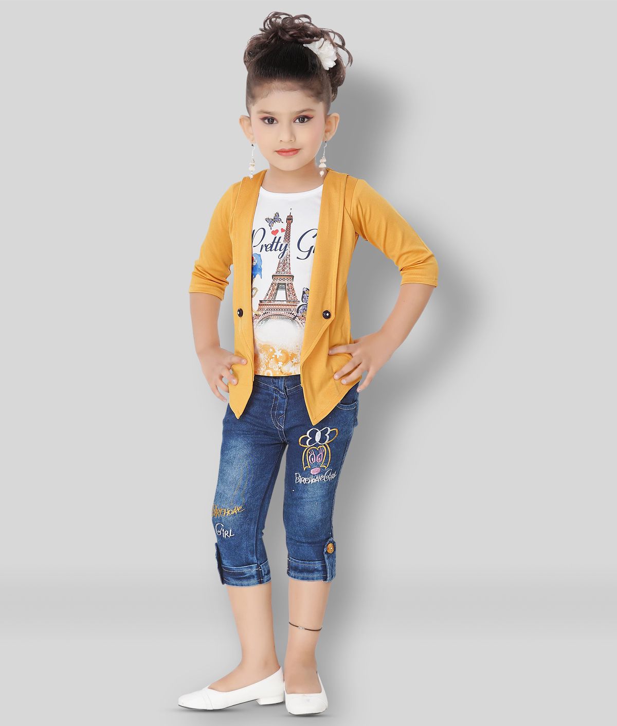     			Arshia Fashions - Yellow Denim Girls Top With Capris ( Pack of 1 )