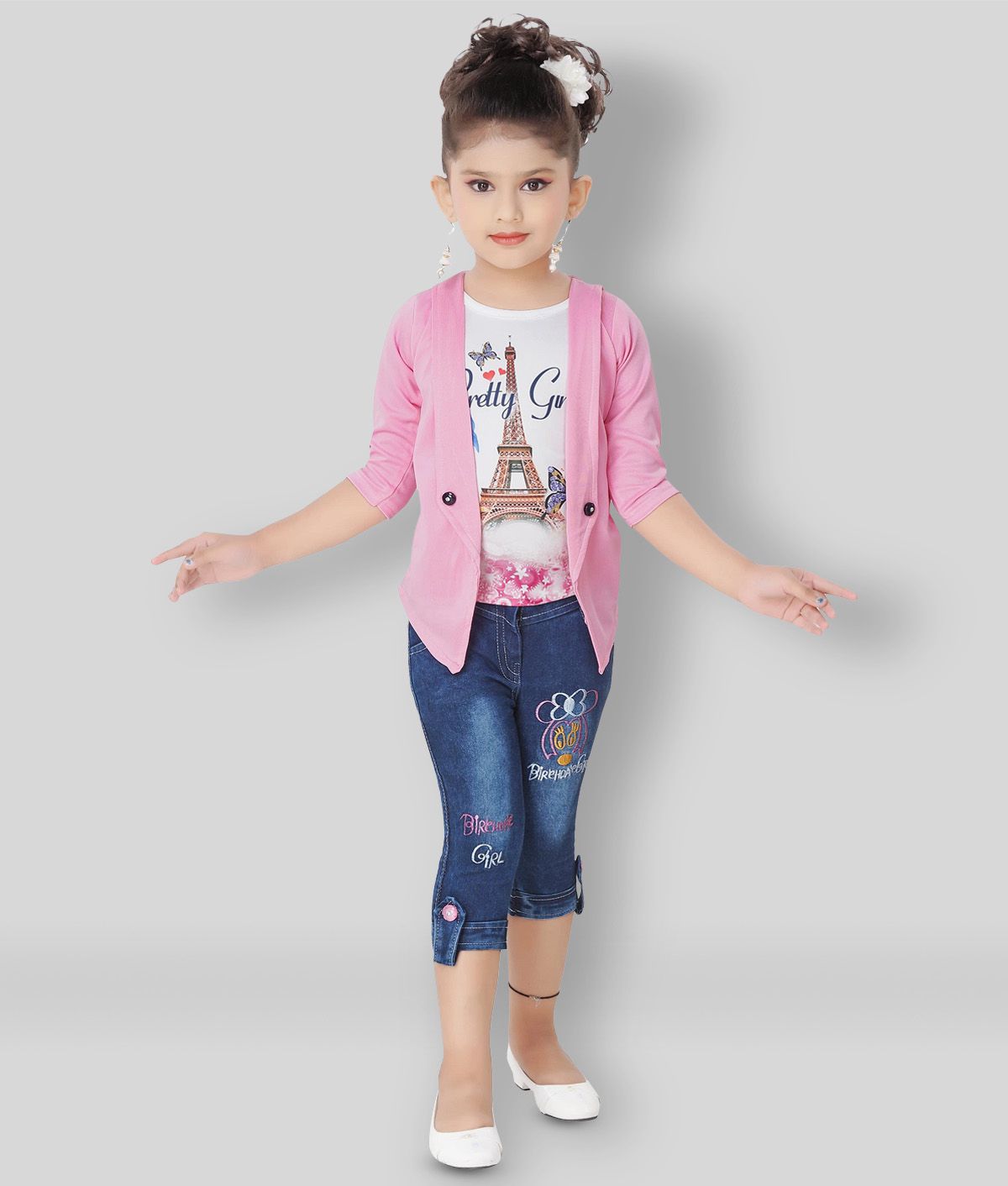     			Arshia Fashions - Pink Cotton Blend Girl's Top With Jacket With Capris ( Pack of 1 )