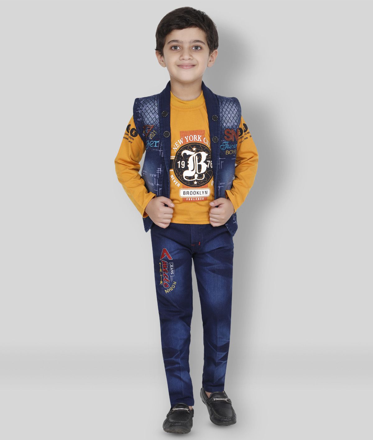     			Fourfolds - Yellow Cotton Blend Boy's T-Shirt & Jeans ( Pack of 1 )