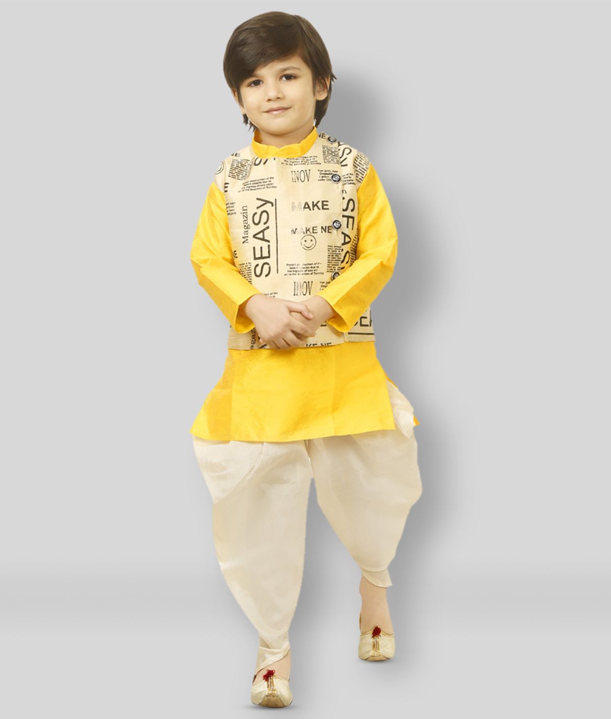     			JCT Dresses Yellow Tussar Newspaper Print Kurta Pyjama For Boys