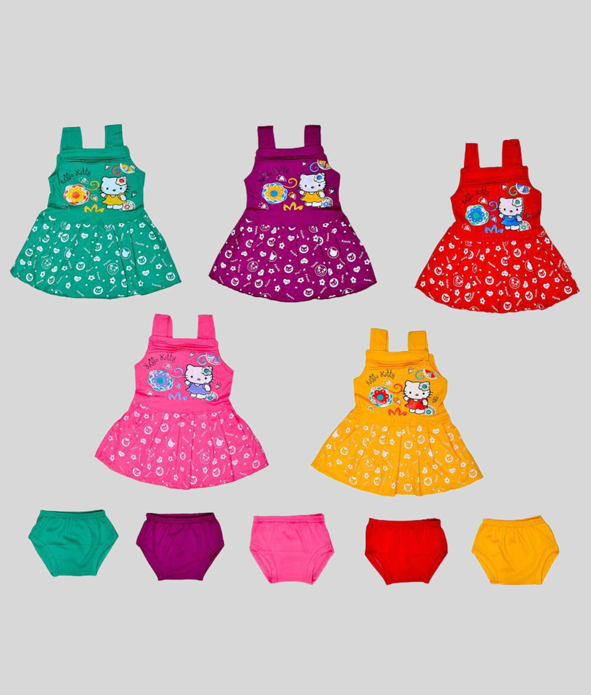     			Sathiyas Green, Purple, Red, Pink and Yellow Baby Girls Dresses Pack of 5