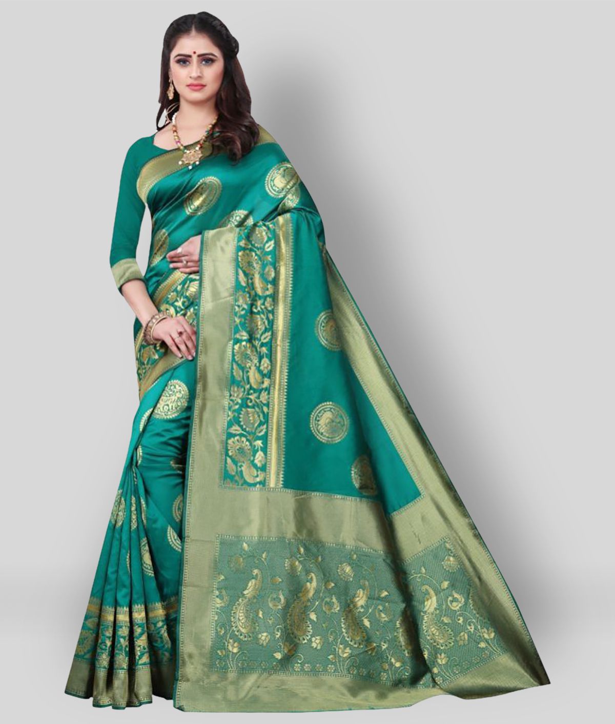    			Gazal Fashions - Green Banarasi Silk Saree With Blouse Piece (Pack of 1)
