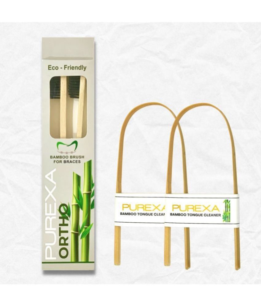 PUREXA Orthodontic Bamboo Charcoal Toothbrush With Bamboo Tongue Pack of 4