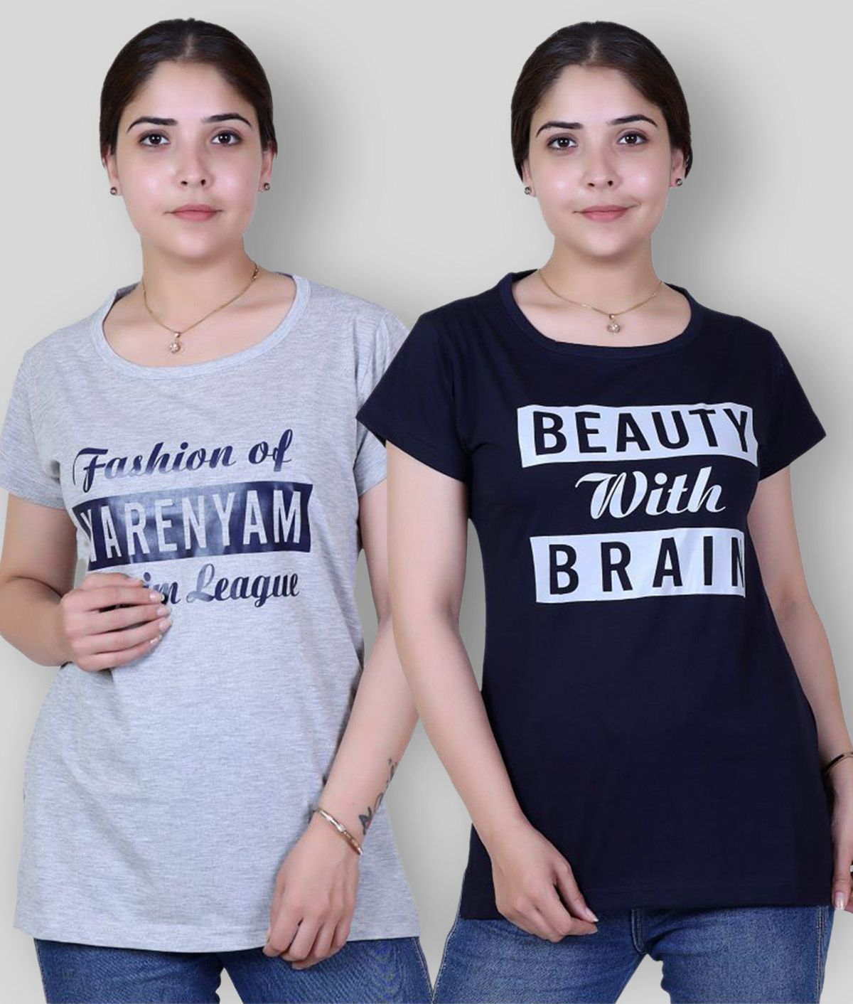     			Varenyam - Light Grey Cotton Regular Fit Women's T-Shirt ( Pack of 2 )