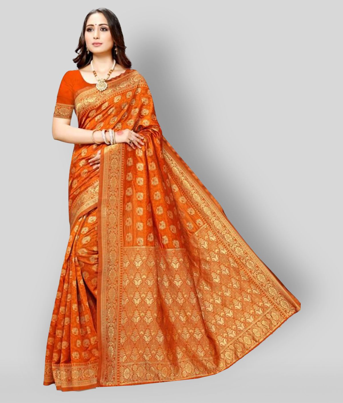     			NENCY FASHION - Orange Banarasi Silk Saree With Blouse Piece (Pack of 1)