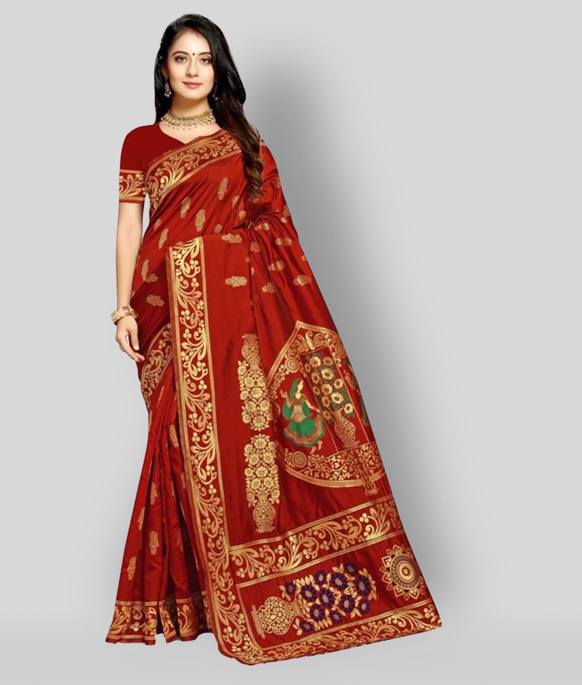 NENCY FASHION - Red Banarasi Silk Saree With Blouse Piece (Pack of 1)