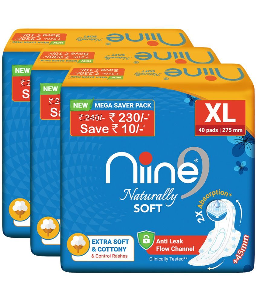     			Niine Naturally Soft XL Sanitary Pads (Pack of 3) 120 Pads Extra Soft and Cottony