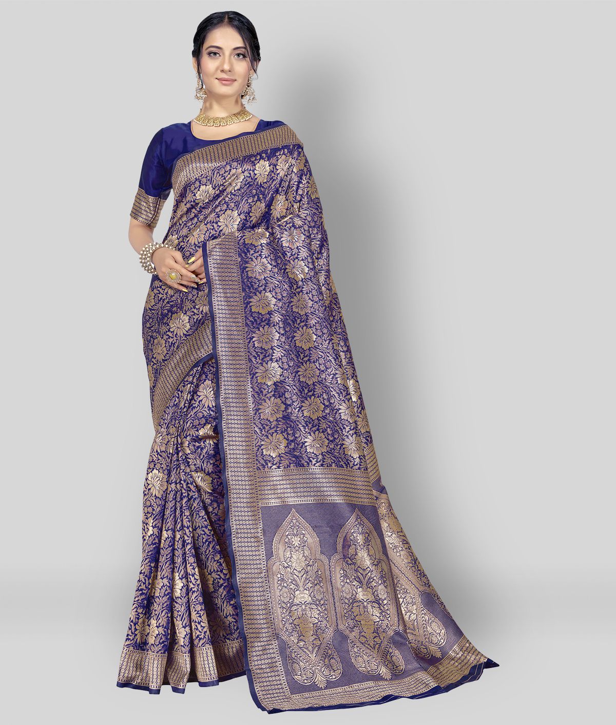     			Sherine - Blue Banarasi Silk Saree With Blouse Piece (Pack of 1)