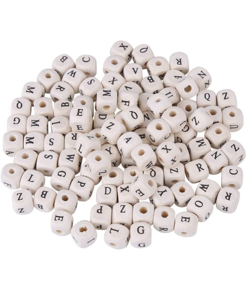     			PRANSUNITA 10 mm Wooden Alphabet Letter Square Shape Loose Beads for DIY Bracelets, Necklaces, Educational Toys – Natural White Color – Pack of 130 pcs