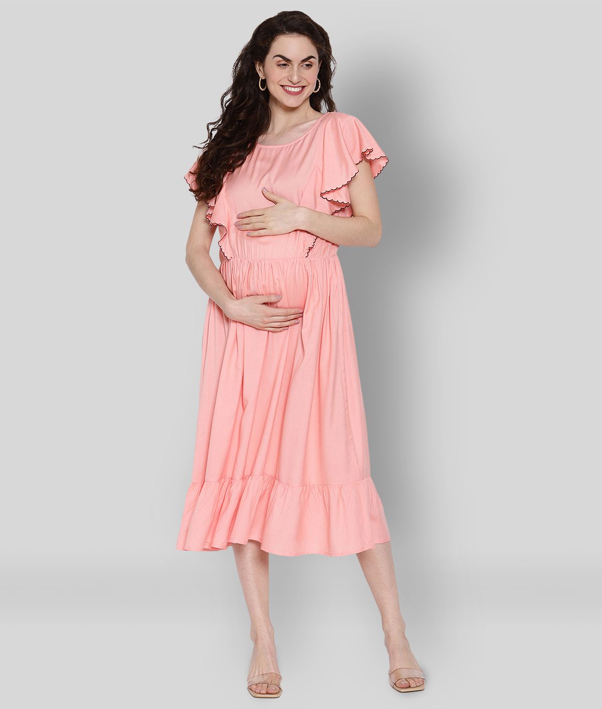 The Vanca Orange Rayon Maternity Dresses Single
