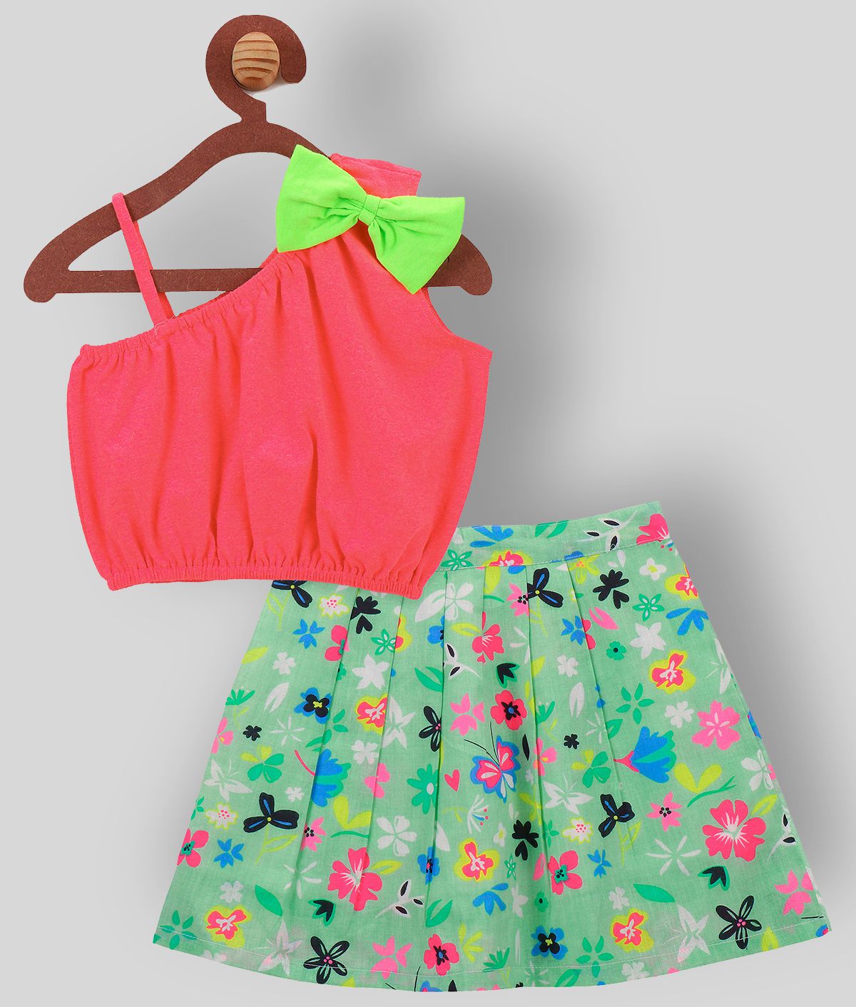     			Neon Green Bow Crop top with Pink Floral Skrit Set