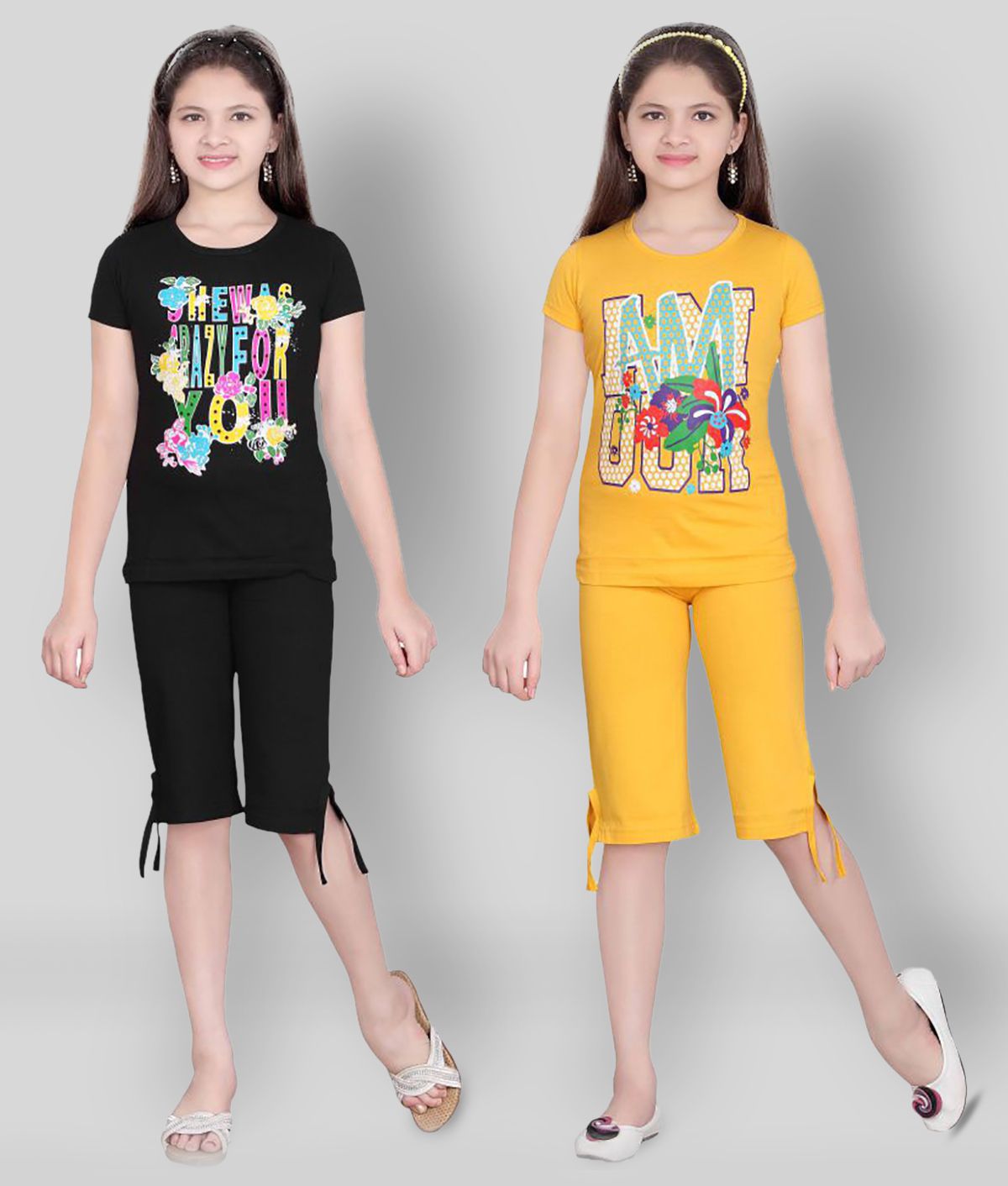     			Sini Mini - Yellow Cotton Girl's Top With Capris ( Pack of 2 )