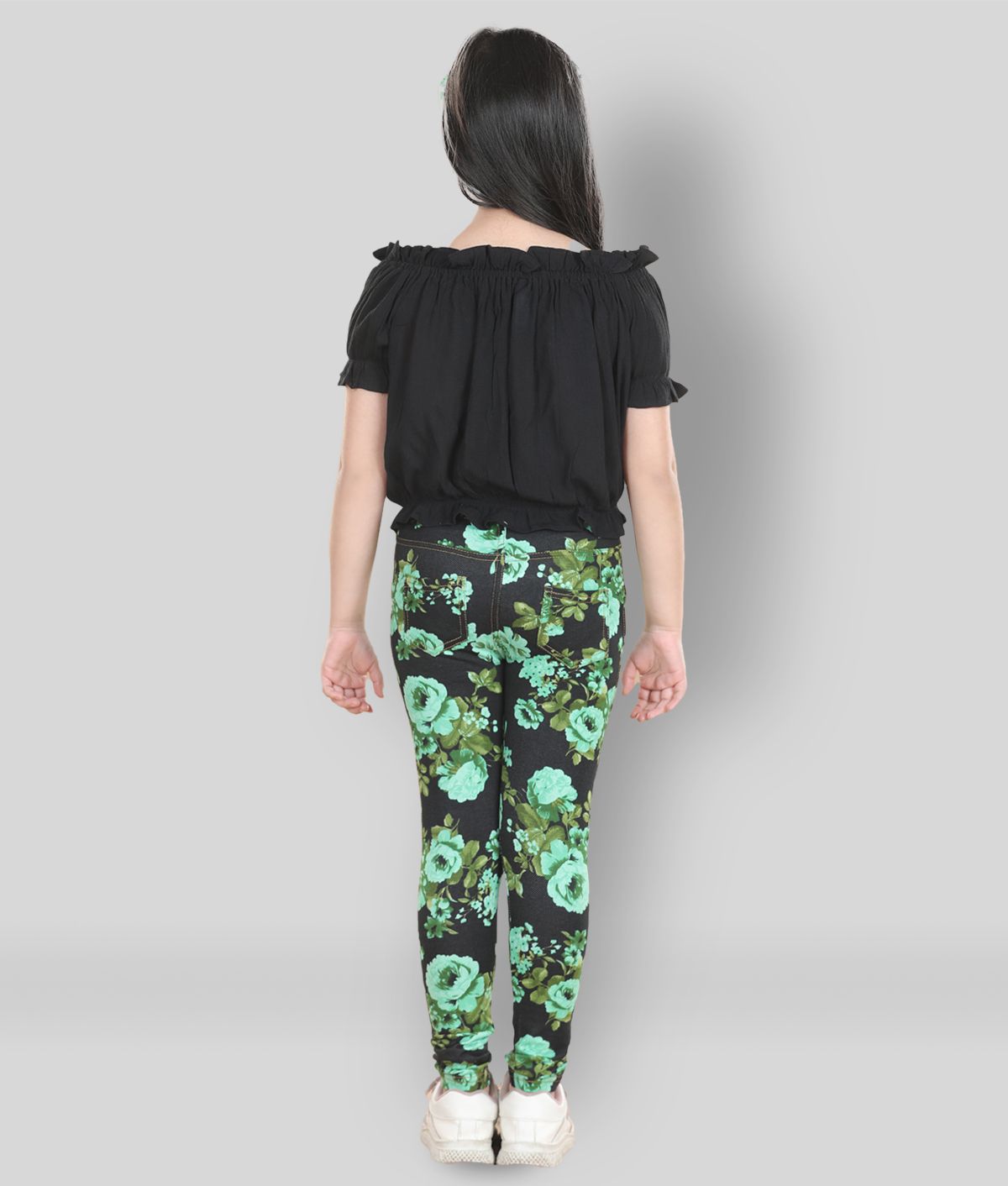     			StyleStone Girls Cotton Floral Printed Jegging and Black Top Set