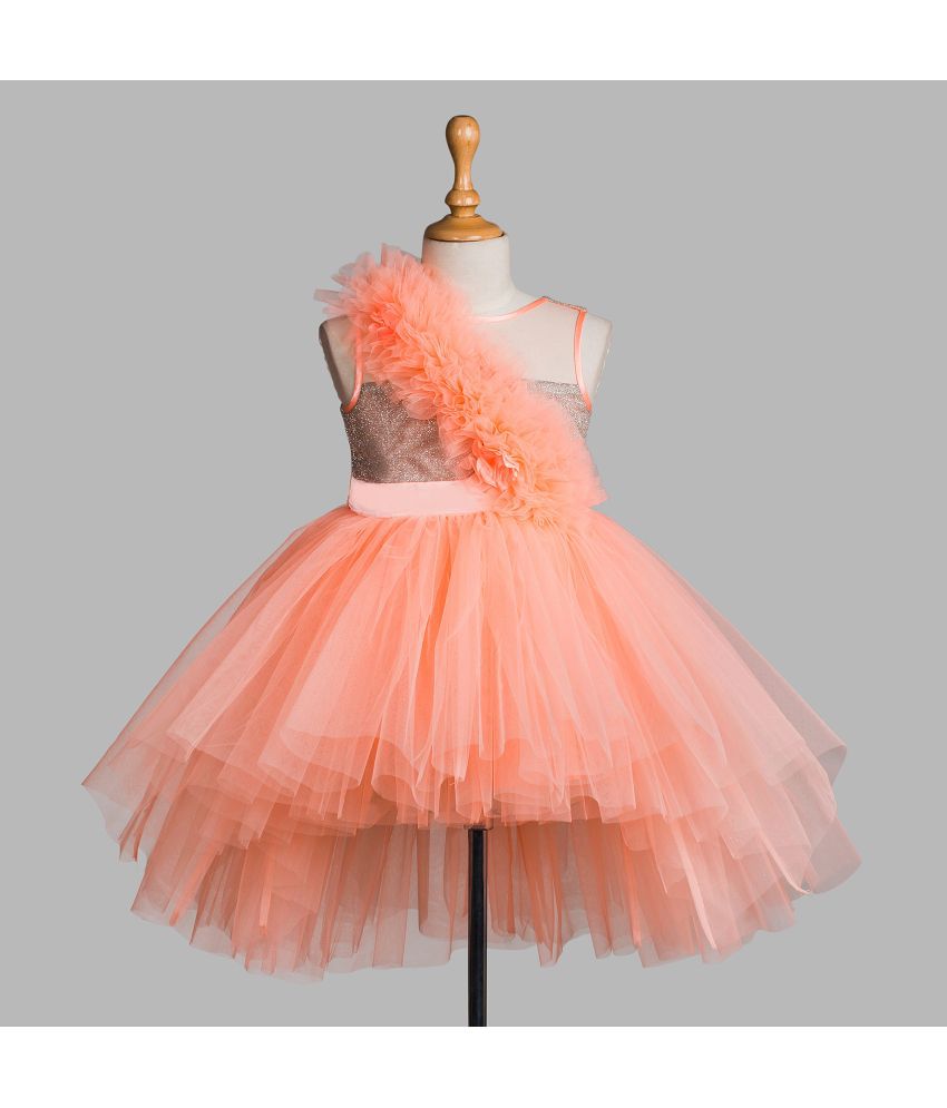     			Toy Balloon Kids - Peach Net Girls Asymmetric Dress ( Pack of 1 )