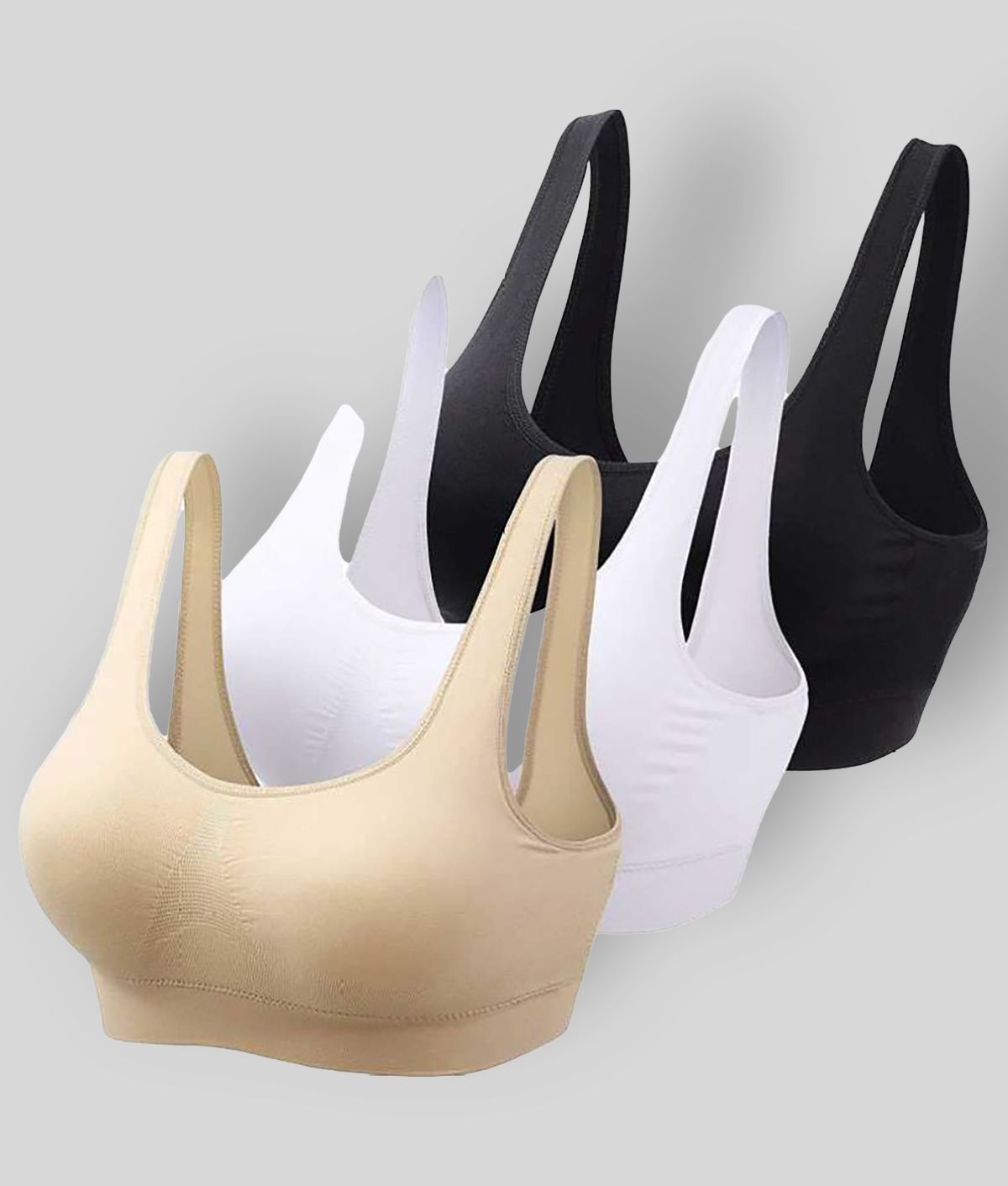 Women Sports Non Padded Bra  (White, Black, Skin)/Fabric-Cotten - Black,White,Beige Cotton Non Padded Women's Sports Bra ( )