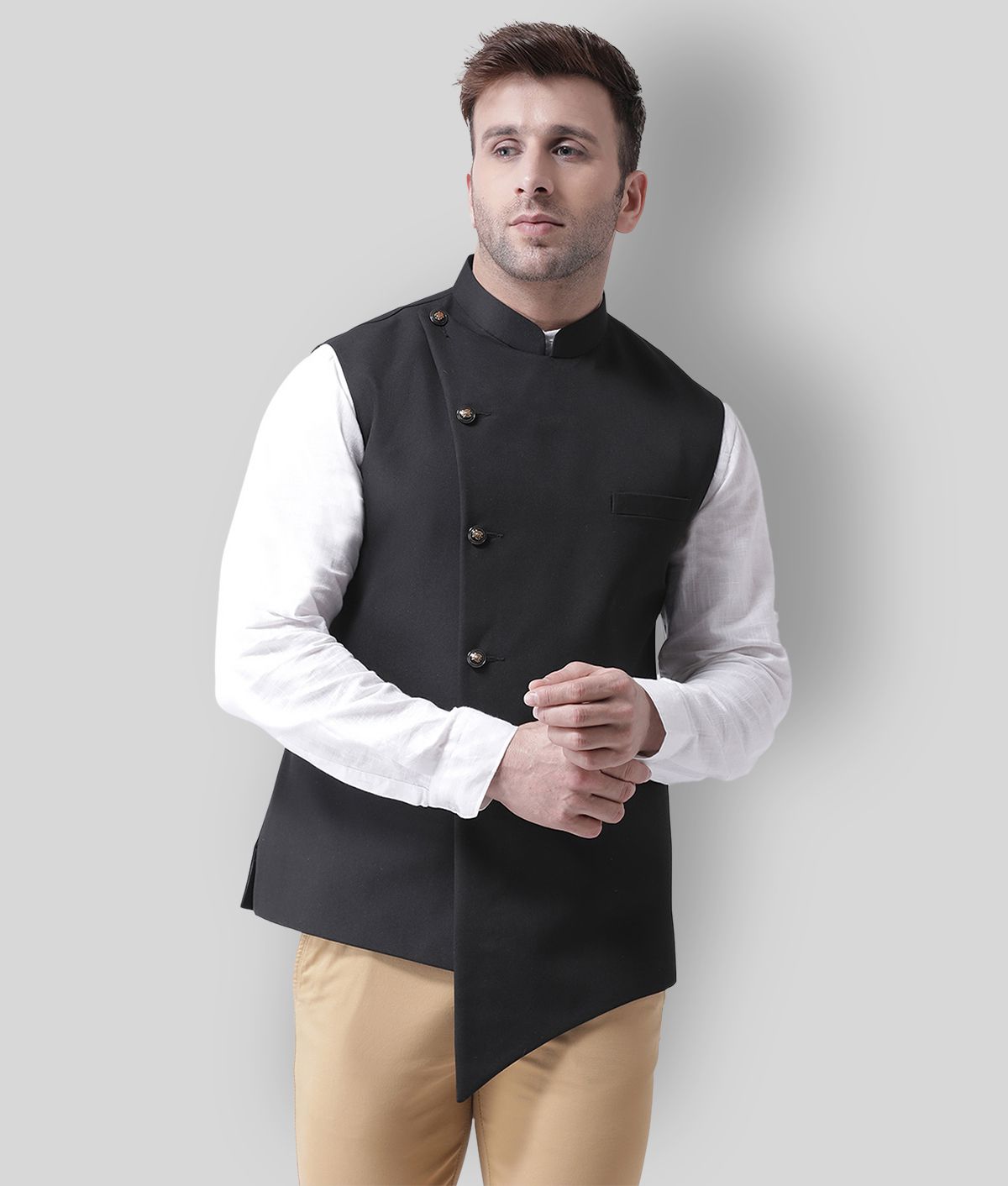    			Hangup Black Cotton Blend Nehru Jacket