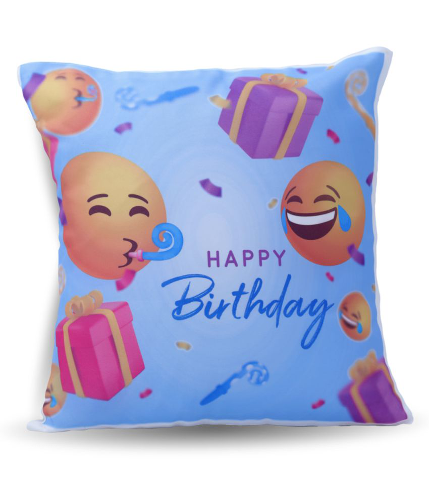 HOMETALES - Happy Birthday Printed Gifting Cushion With Filler-Light Blue (12X12 Inch)