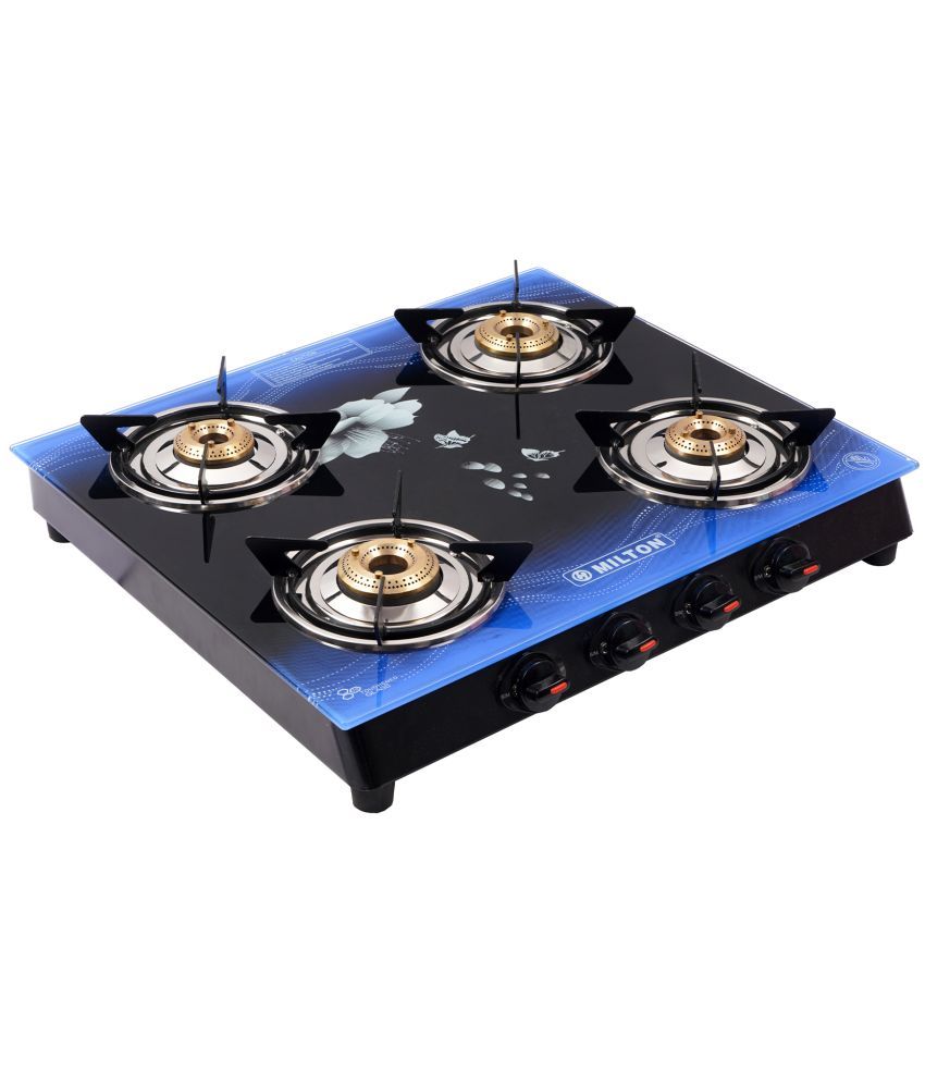 MILTON Premium 4 Burner Blue Manual Ignition LPG Glass Top Gas Stove