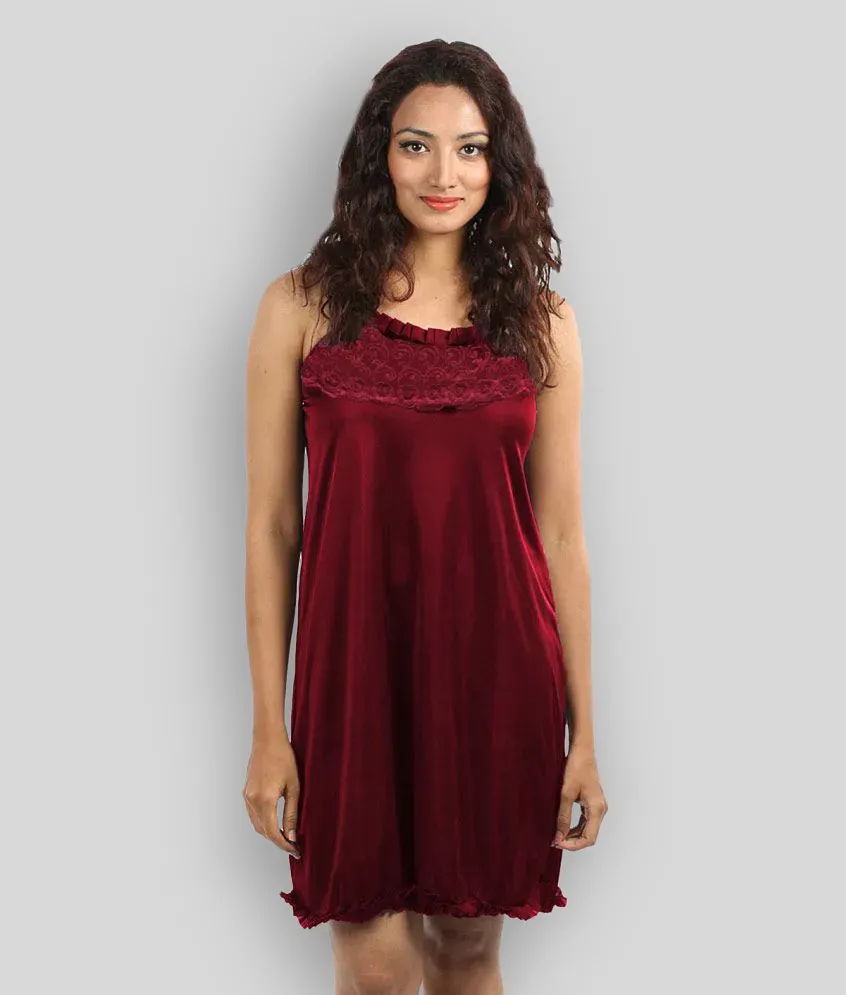 Klamotten Maroon Satin Women s Nightwear Baby Doll Dresses With