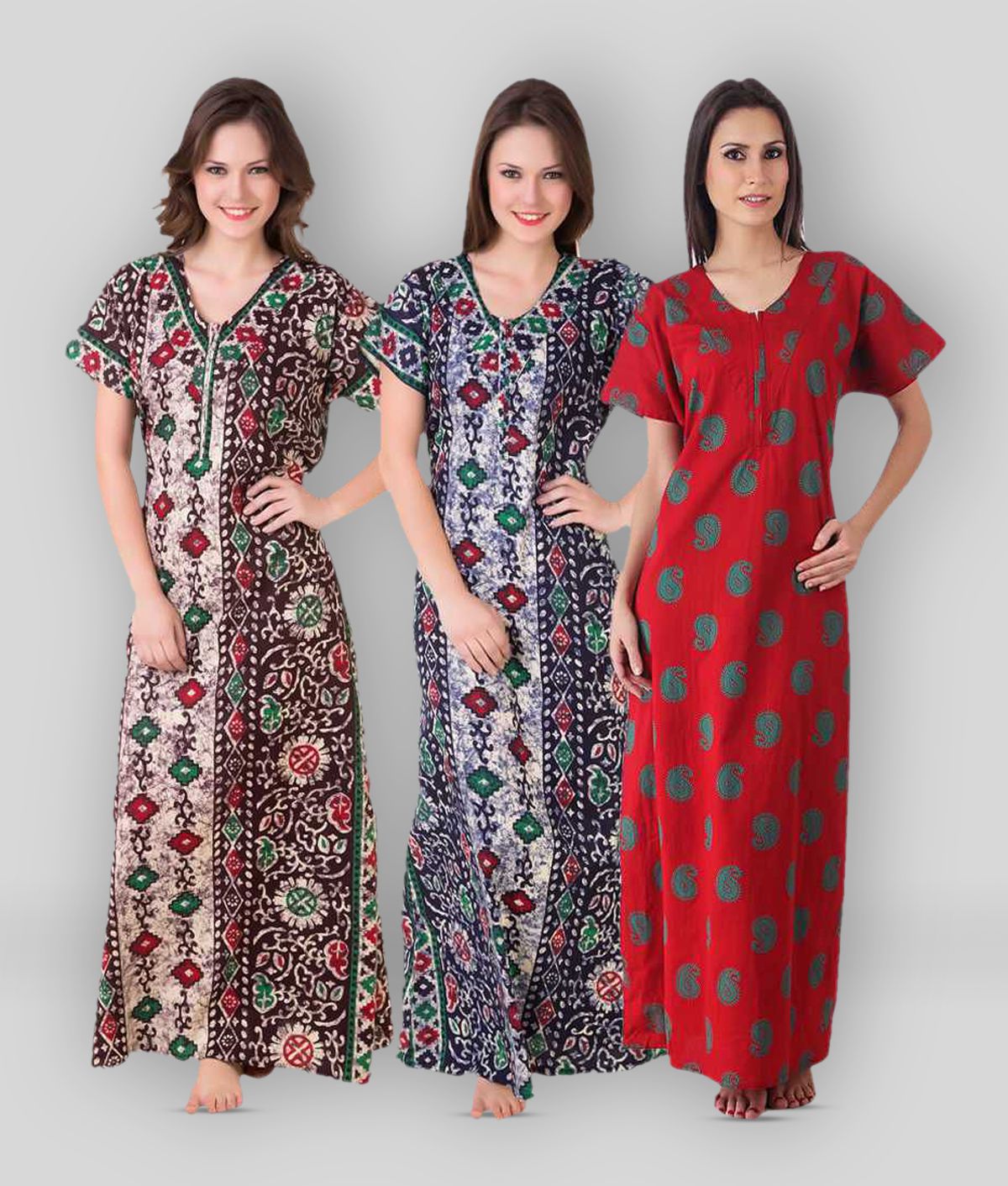 Free Size Combo Pack Green & Pink Indian Handicraft Nightwear Long Gown Nighty Dress Embroidery Sleepwear Gown Nighties White Size 